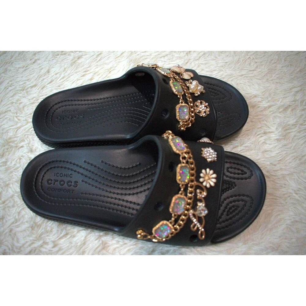 Crocs Slides Customized with Gold Luxe Charms (206761‑001 ) - Women's Size 10
